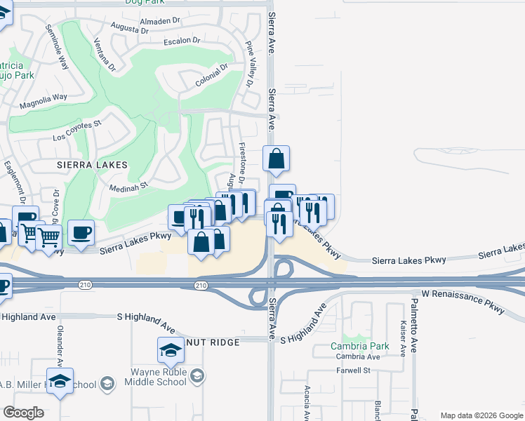map of restaurants, bars, coffee shops, grocery stores, and more near 16877 Somerset Lane in Fontana