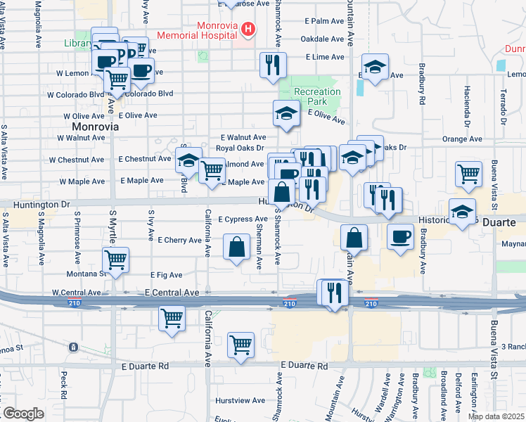 map of restaurants, bars, coffee shops, grocery stores, and more near in Monrovia