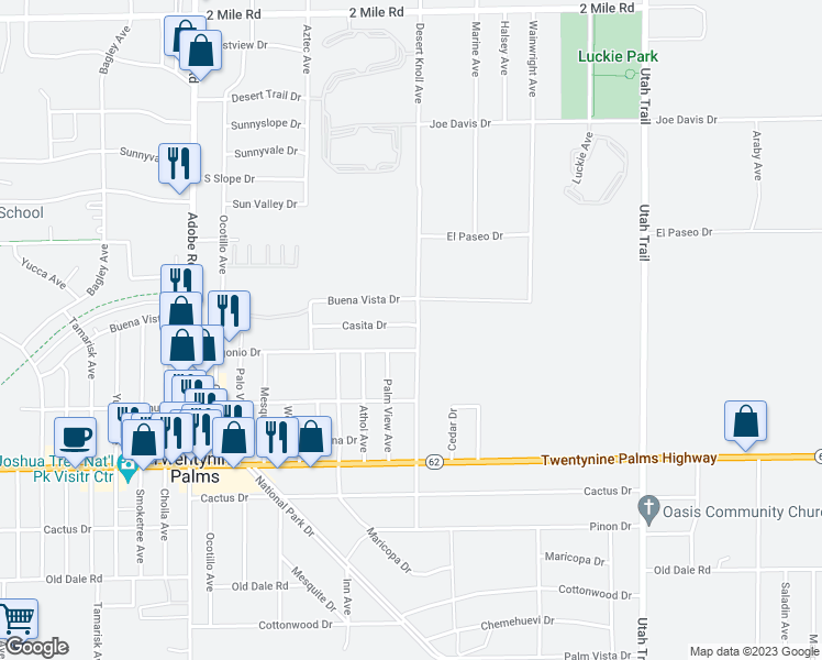 map of restaurants, bars, coffee shops, grocery stores, and more near 74087 Casita Drive in Twentynine Palms