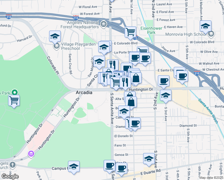 map of restaurants, bars, coffee shops, grocery stores, and more near Huntington Drive & North Santa Anita Avenue in Arcadia