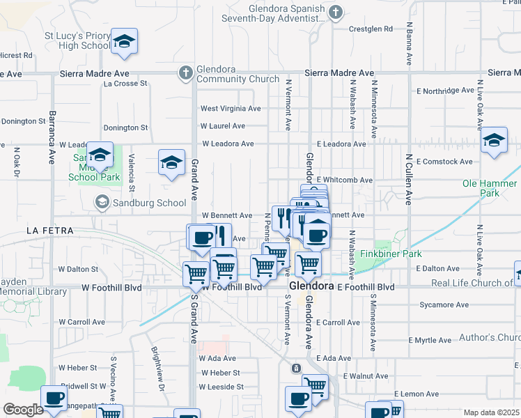 map of restaurants, bars, coffee shops, grocery stores, and more near 311 West Bennett Avenue in Glendora