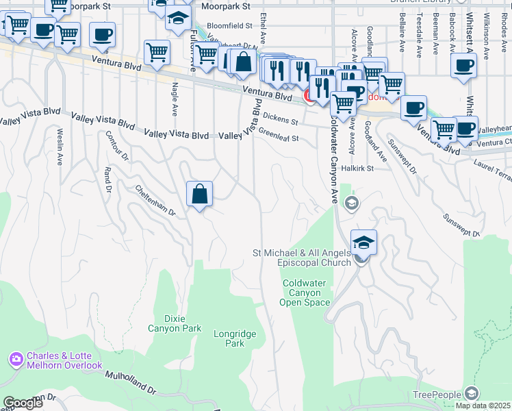 map of restaurants, bars, coffee shops, grocery stores, and more near 3825 Longridge Avenue in Los Angeles