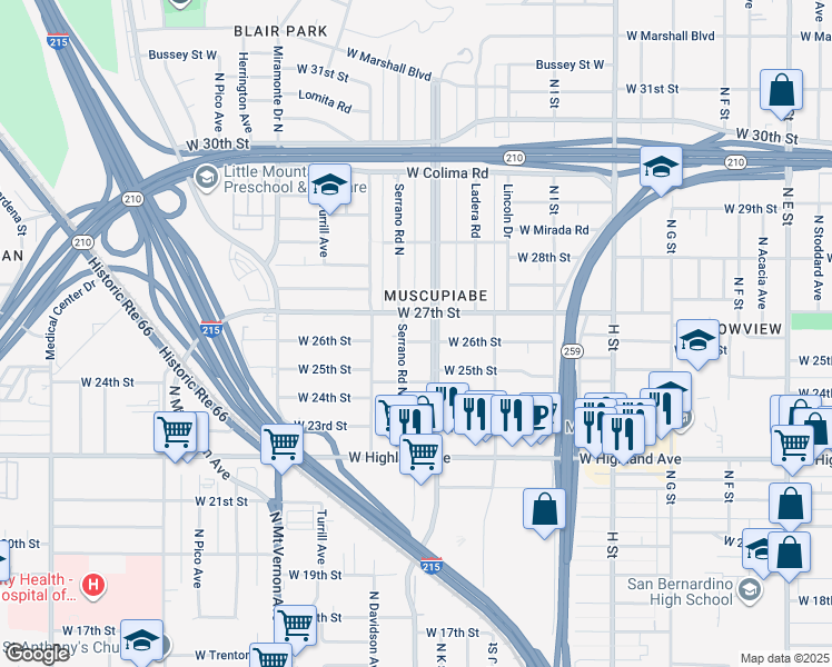 map of restaurants, bars, coffee shops, grocery stores, and more near 1136 West 26th Street in San Bernardino