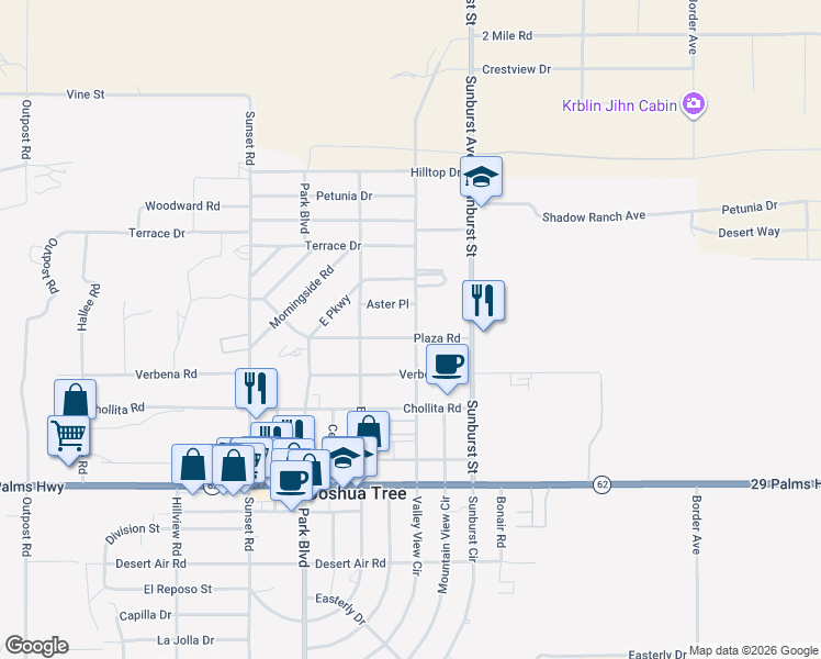 map of restaurants, bars, coffee shops, grocery stores, and more near 61966 Plaza Road in Joshua Tree