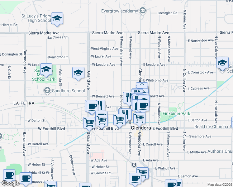 map of restaurants, bars, coffee shops, grocery stores, and more near 317 West Bennett Avenue in Glendora
