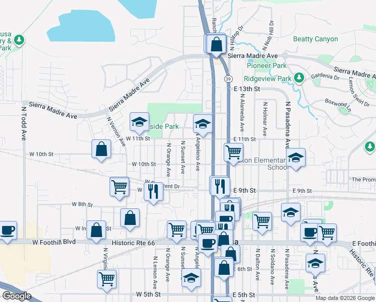 map of restaurants, bars, coffee shops, grocery stores, and more near 1023 North Angeleno Avenue in Azusa