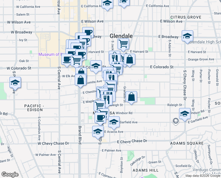 map of restaurants, bars, coffee shops, grocery stores, and more near 403 East Chestnut Street in Glendale