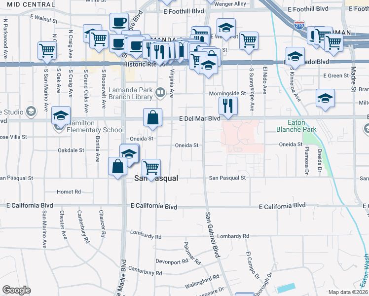 map of restaurants, bars, coffee shops, grocery stores, and more near 346 Northcliff Road in Pasadena