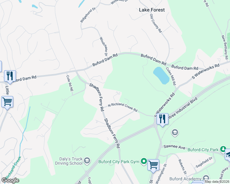 map of restaurants, bars, coffee shops, grocery stores, and more near 5495 North Richland Creek Road in Buford