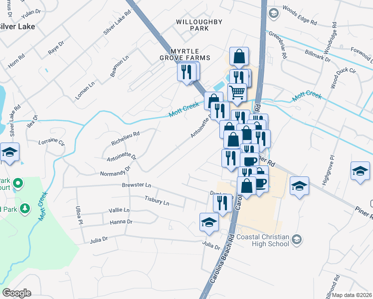 map of restaurants, bars, coffee shops, grocery stores, and more near 147 Antoinette Drive in Wilmington