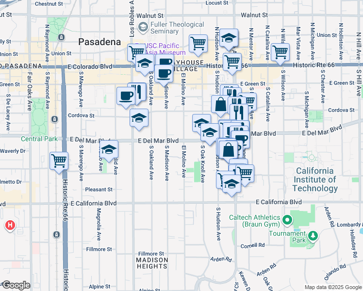 map of restaurants, bars, coffee shops, grocery stores, and more near 335 South El Molino Avenue in Pasadena