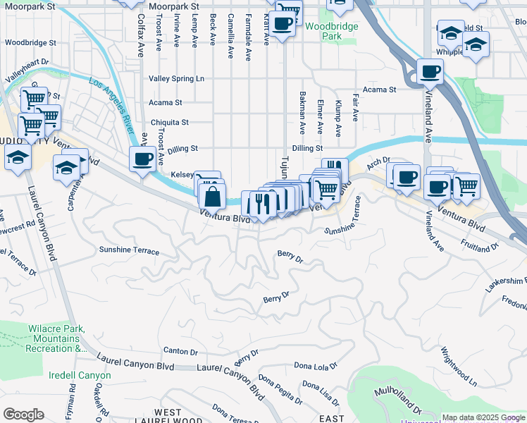 map of restaurants, bars, coffee shops, grocery stores, and more near 11441 Ventura Boulevard in Los Angeles