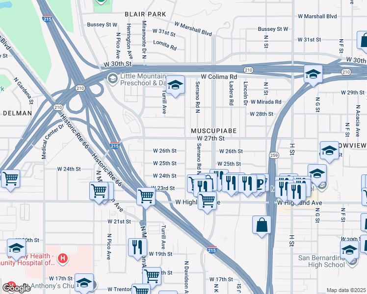 map of restaurants, bars, coffee shops, grocery stores, and more near 1208 West 26th Street in San Bernardino