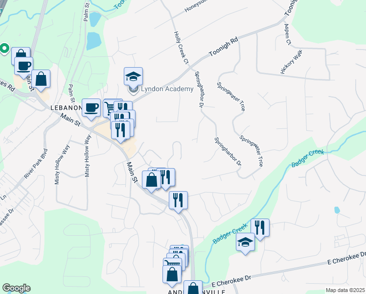 map of restaurants, bars, coffee shops, grocery stores, and more near 581 Fox Creek Crossing in Woodstock