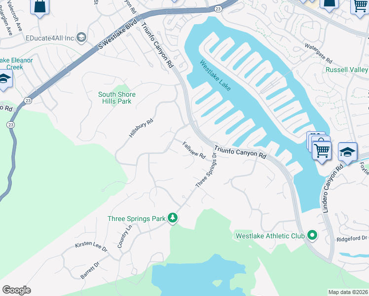 map of restaurants, bars, coffee shops, grocery stores, and more near 1885 Fallview Road in Thousand Oaks