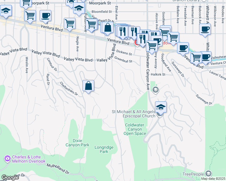 map of restaurants, bars, coffee shops, grocery stores, and more near 3825 Longridge Avenue in Los Angeles