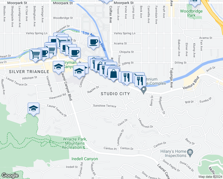 map of restaurants, bars, coffee shops, grocery stores, and more near 11725 Laurelwood Drive in Los Angeles