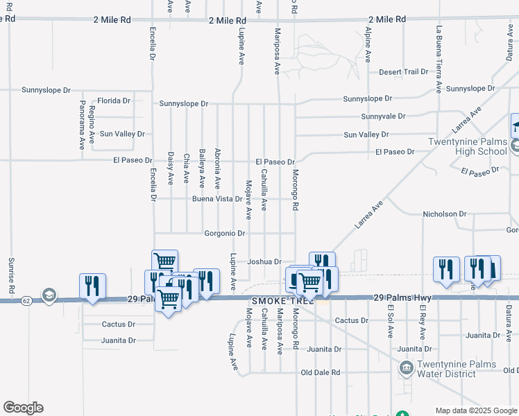 map of restaurants, bars, coffee shops, grocery stores, and more near 6226 Cahuilla Avenue in Twentynine Palms