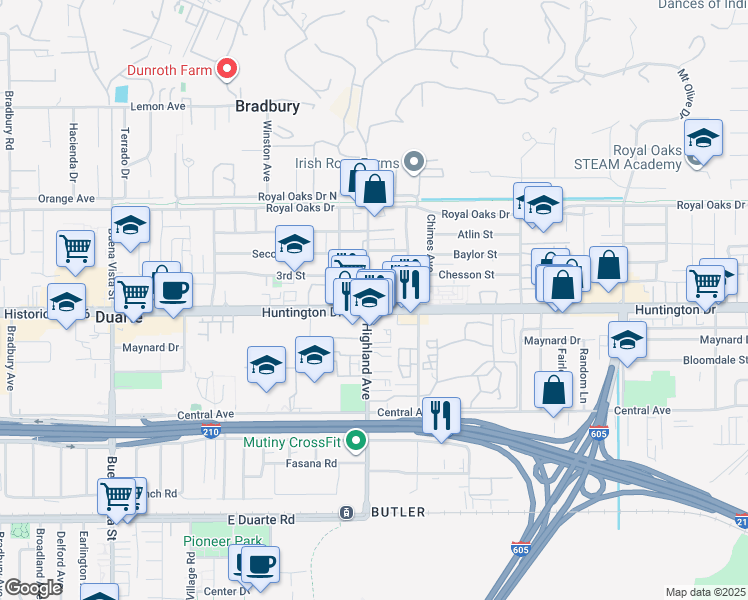 map of restaurants, bars, coffee shops, grocery stores, and more near 1801 East Huntington Drive in Duarte