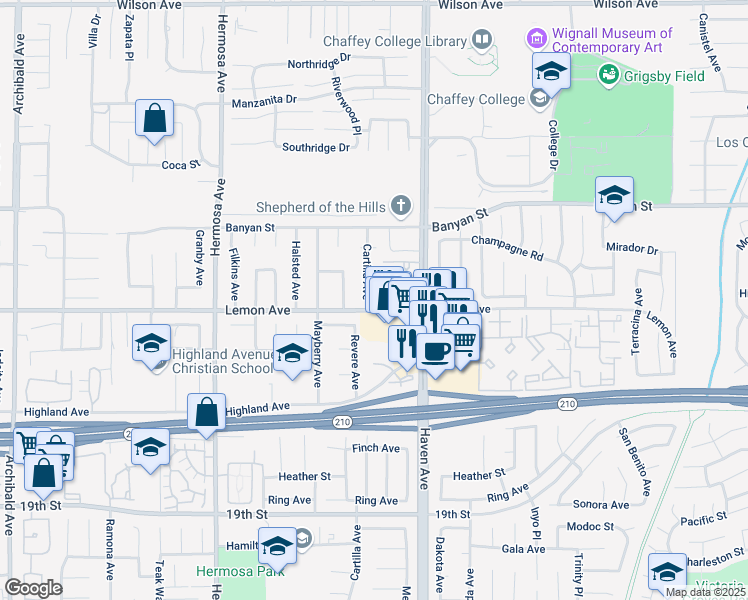 map of restaurants, bars, coffee shops, grocery stores, and more near 6279 Cartilla Avenue in Rancho Cucamonga