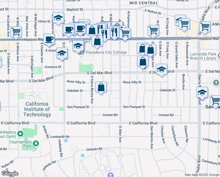 map of restaurants, bars, coffee shops, grocery stores, and more near 1735 Oakdale Street in Pasadena