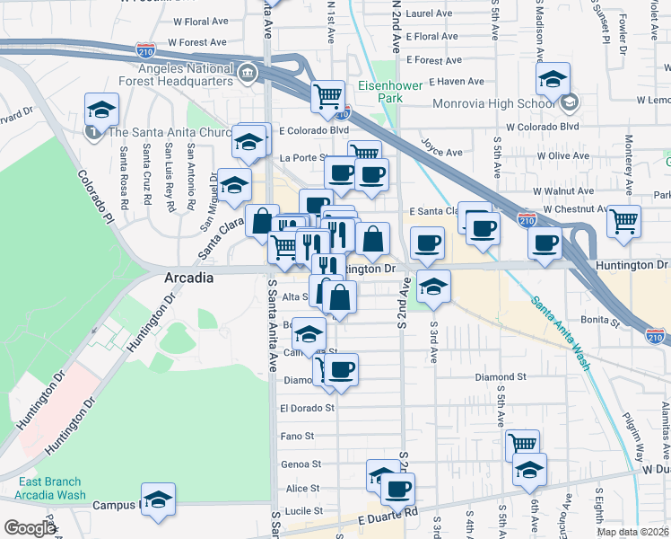 map of restaurants, bars, coffee shops, grocery stores, and more near 2 South 1st Avenue in Arcadia