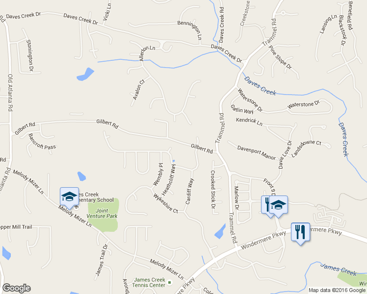 map of restaurants, bars, coffee shops, grocery stores, and more near 2365 Gilbert Road in Cumming
