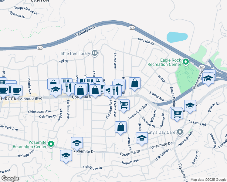 map of restaurants, bars, coffee shops, grocery stores, and more near 5129 Loleta Avenue in Los Angeles