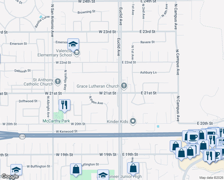 map of restaurants, bars, coffee shops, grocery stores, and more near 2110 North Laurel Avenue in Upland
