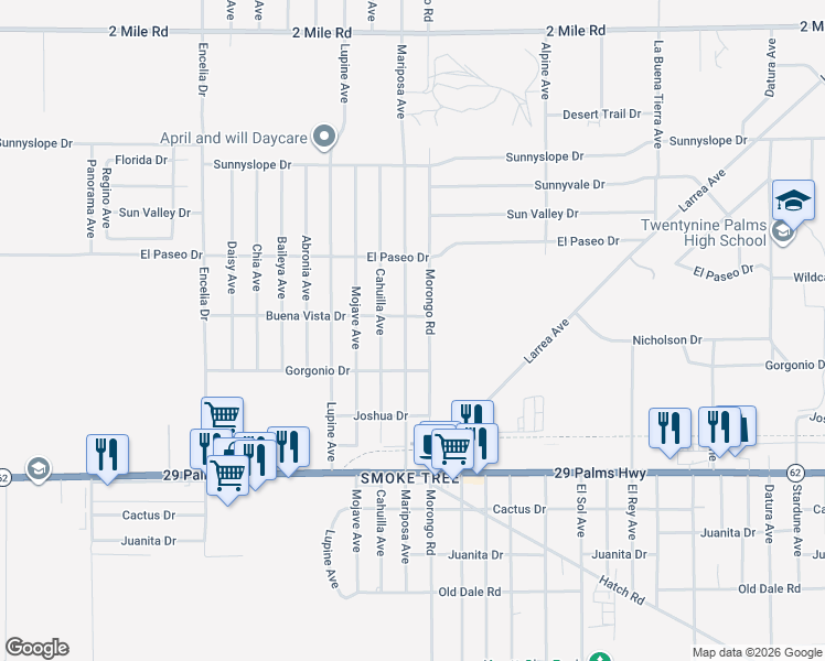 map of restaurants, bars, coffee shops, grocery stores, and more near 6225 Mariposa Avenue in Twentynine Palms