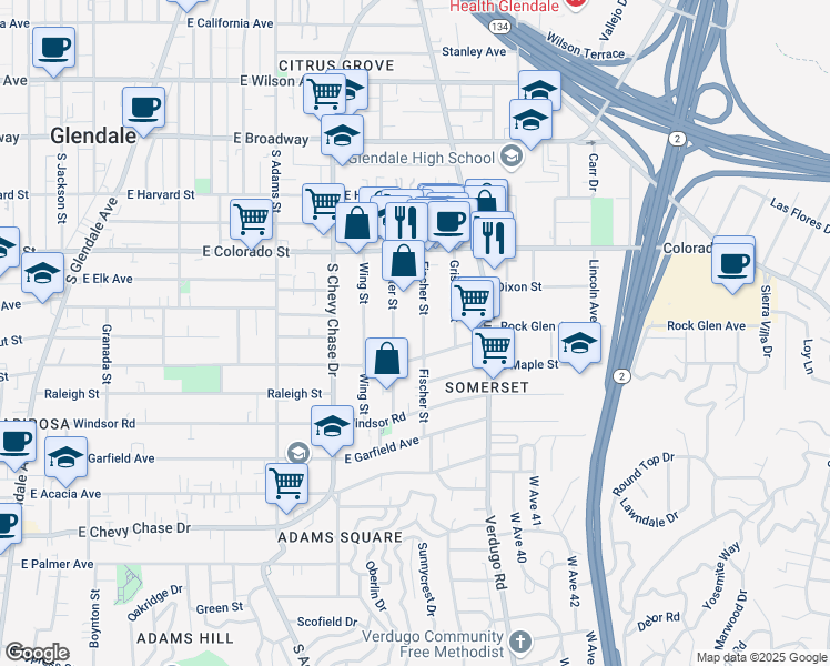 map of restaurants, bars, coffee shops, grocery stores, and more near 514 Fischer Street in Glendale