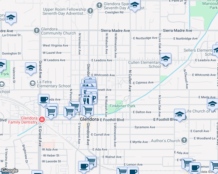 map of restaurants, bars, coffee shops, grocery stores, and more near 303 East Bennett Avenue in Glendora