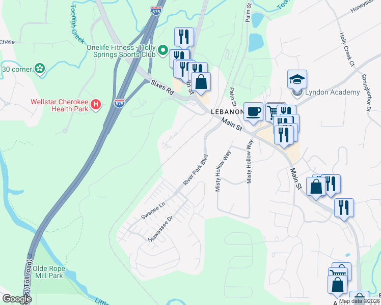 map of restaurants, bars, coffee shops, grocery stores, and more near 235 River Park North Drive in Woodstock