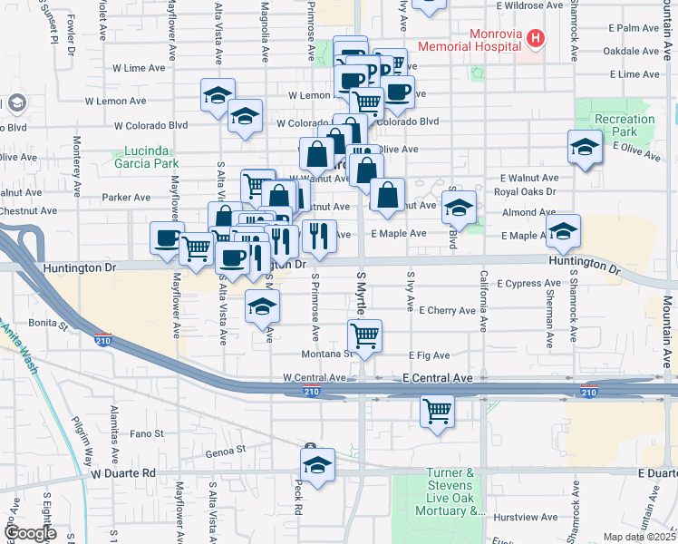 map of restaurants, bars, coffee shops, grocery stores, and more near 124 West Huntington Drive in Monrovia