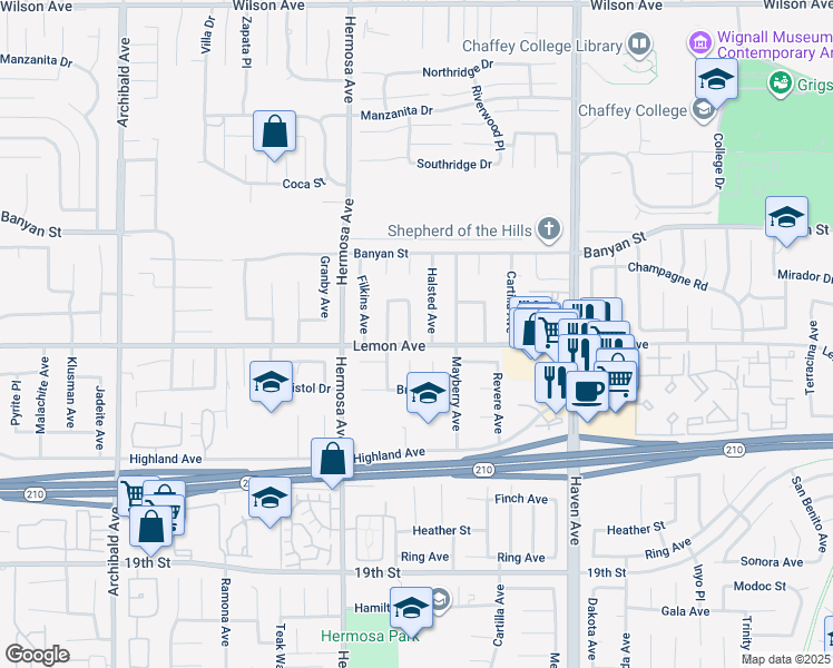 map of restaurants, bars, coffee shops, grocery stores, and more near 6281 Kinlock Avenue in Rancho Cucamonga