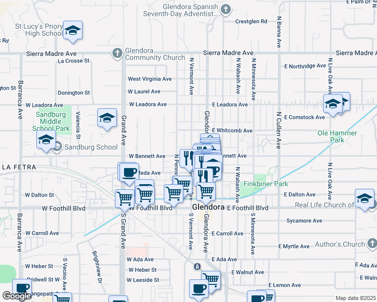 map of restaurants, bars, coffee shops, grocery stores, and more near 201 West Bennett Avenue in Glendora
