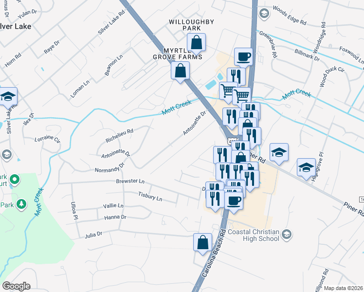 map of restaurants, bars, coffee shops, grocery stores, and more near 5308 Carolina Beach Road in Wilmington