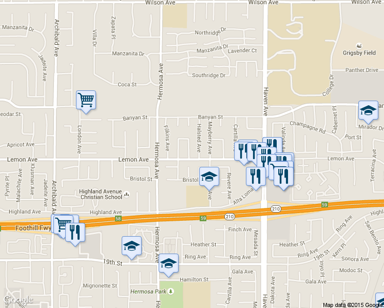 map of restaurants, bars, coffee shops, grocery stores, and more near 6281 Kinlock Avenue in Rancho Cucamonga