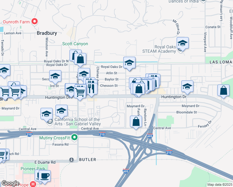 map of restaurants, bars, coffee shops, grocery stores, and more near 2048 Windsor Circle in Duarte