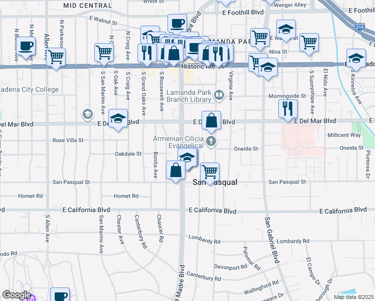map of restaurants, bars, coffee shops, grocery stores, and more near 350 South Sierra Madre Boulevard in Pasadena