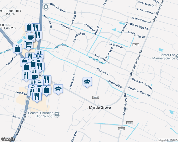 map of restaurants, bars, coffee shops, grocery stores, and more near 5308 Crystal Court in Wilmington