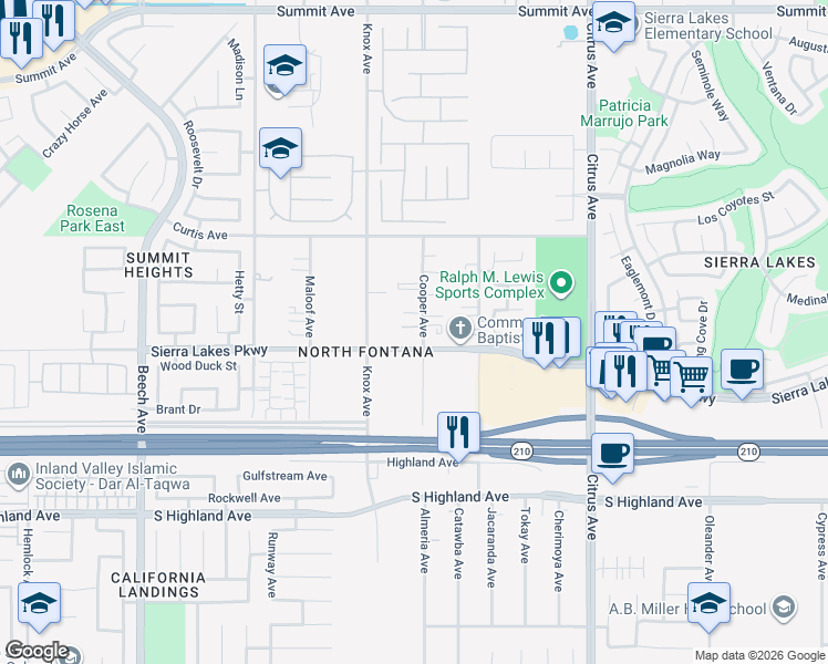 map of restaurants, bars, coffee shops, grocery stores, and more near 6268 Cooper Avenue in Fontana