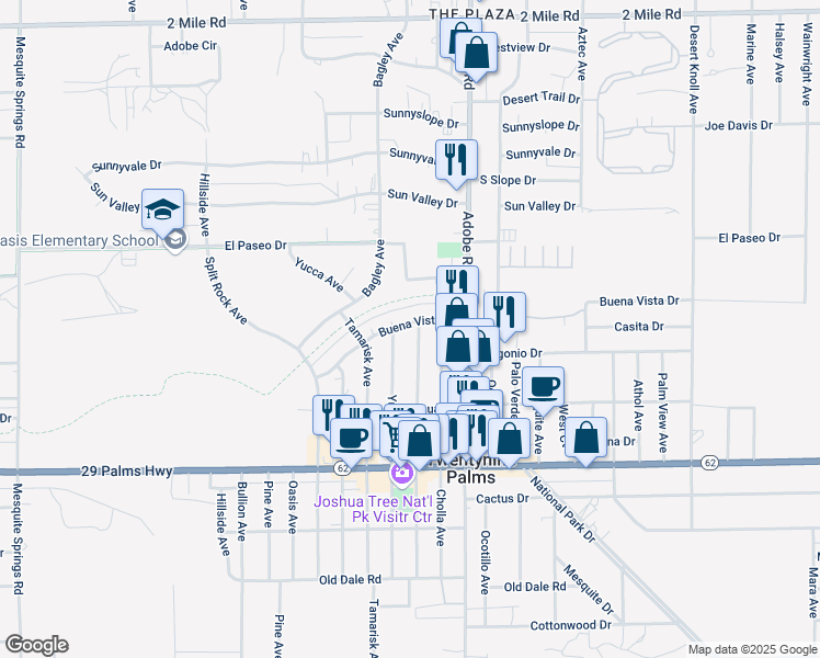 map of restaurants, bars, coffee shops, grocery stores, and more near 6252 Smoketree Avenue in Twentynine Palms
