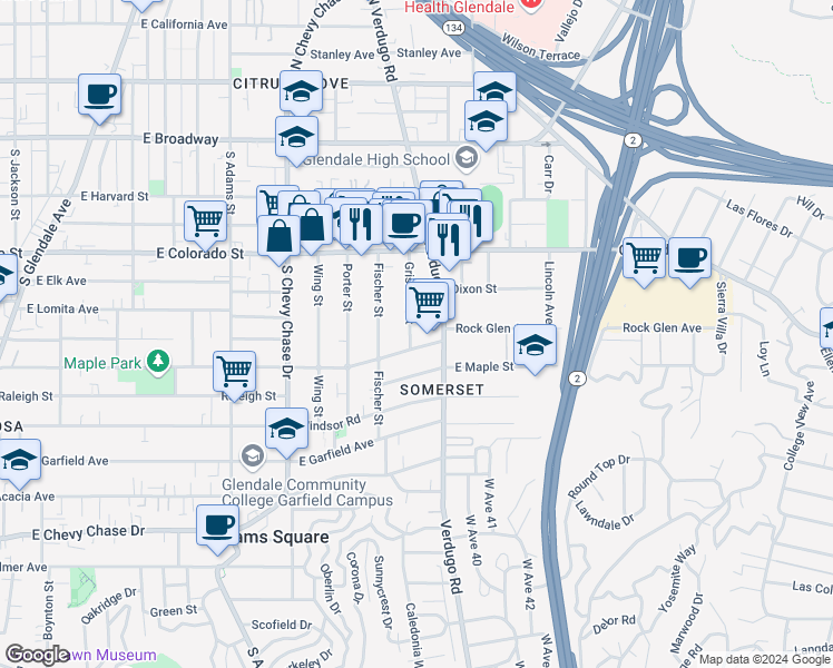 map of restaurants, bars, coffee shops, grocery stores, and more near 1422 Rock Glen Avenue in Glendale