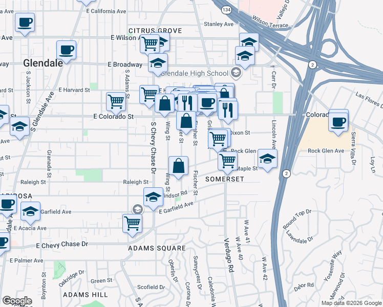 map of restaurants, bars, coffee shops, grocery stores, and more near 517 Fischer Street in Glendale