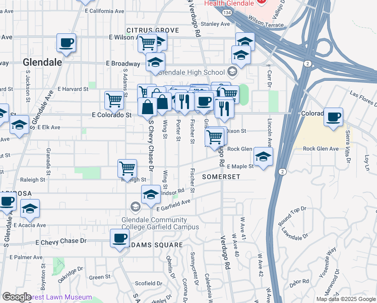 map of restaurants, bars, coffee shops, grocery stores, and more near 517 Fischer Street in Glendale