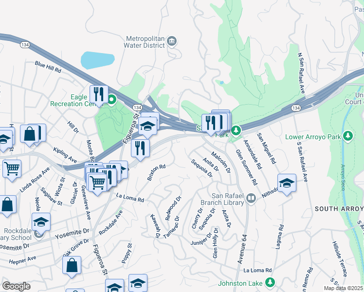 map of restaurants, bars, coffee shops, grocery stores, and more near 85 Sequoia Drive in Pasadena