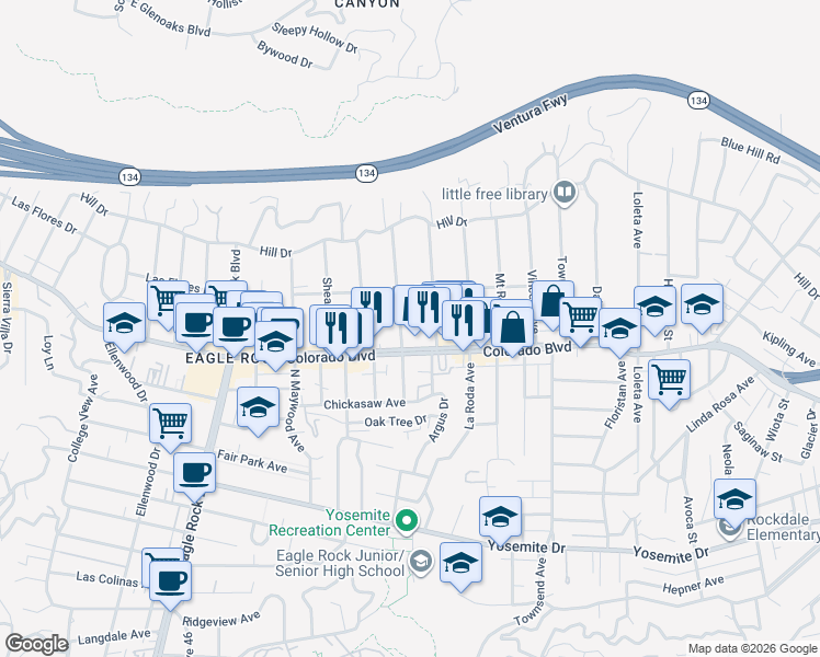 map of restaurants, bars, coffee shops, grocery stores, and more near 5116 Hermosa Avenue in Los Angeles