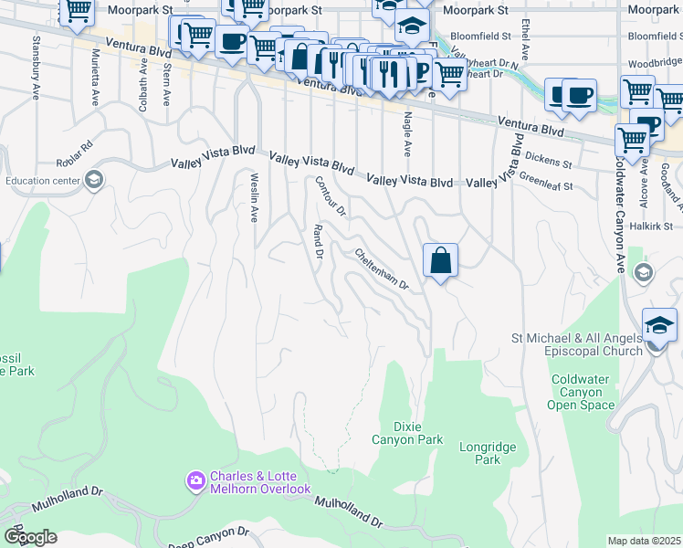map of restaurants, bars, coffee shops, grocery stores, and more near 3613 Dixie Canyon Avenue in Los Angeles