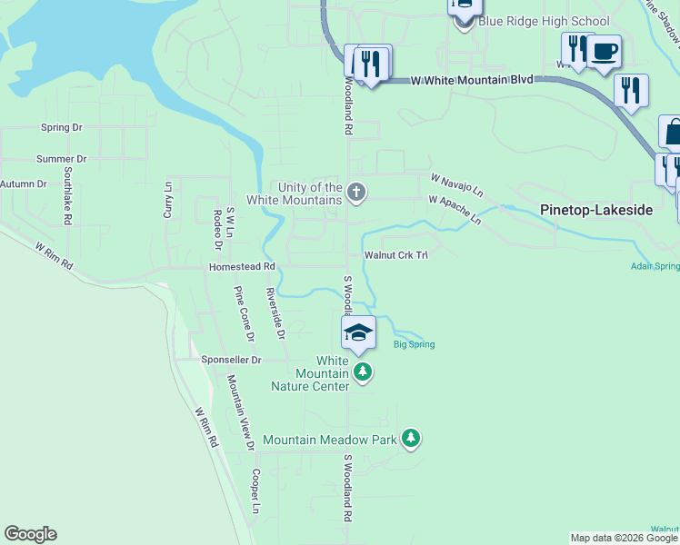 map of restaurants, bars, coffee shops, grocery stores, and more near 72 North Woodland Road in Navajo County
